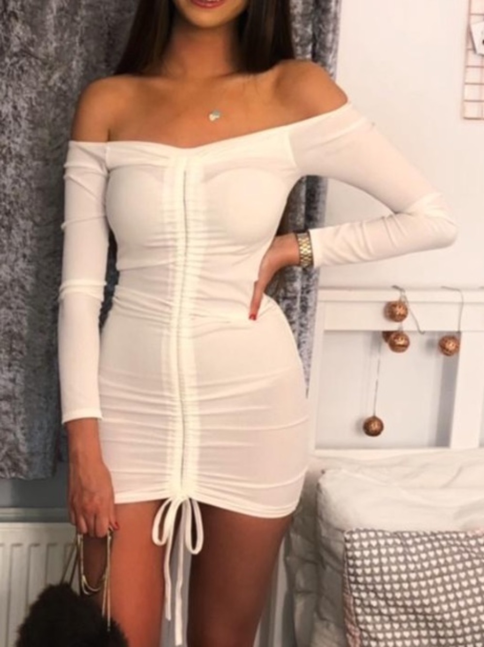 NWT PrettyLittleThing Off-The-Shoulder Ribbed Ruched Mini Bodycon Dress 4/6